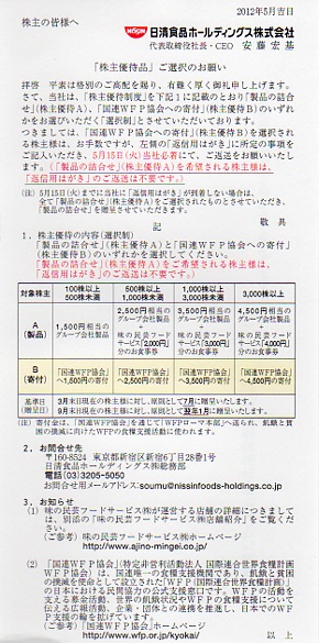 2012年5月吉日株主の皆様へ日清食品ホールディングス株式会社株主優待品ご選択のお願い